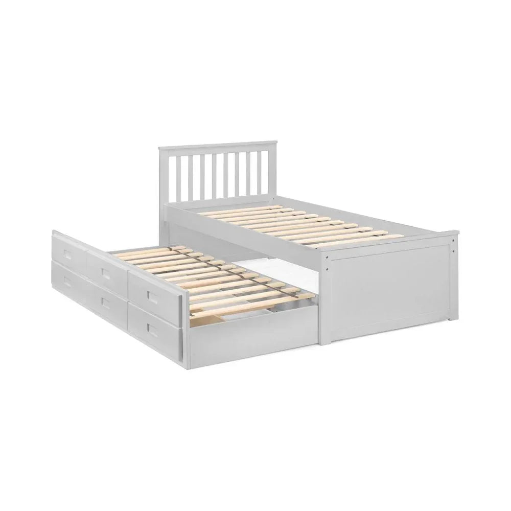 White wooden guest bed frame with pull-out trundle and storage drawers, slatted detail