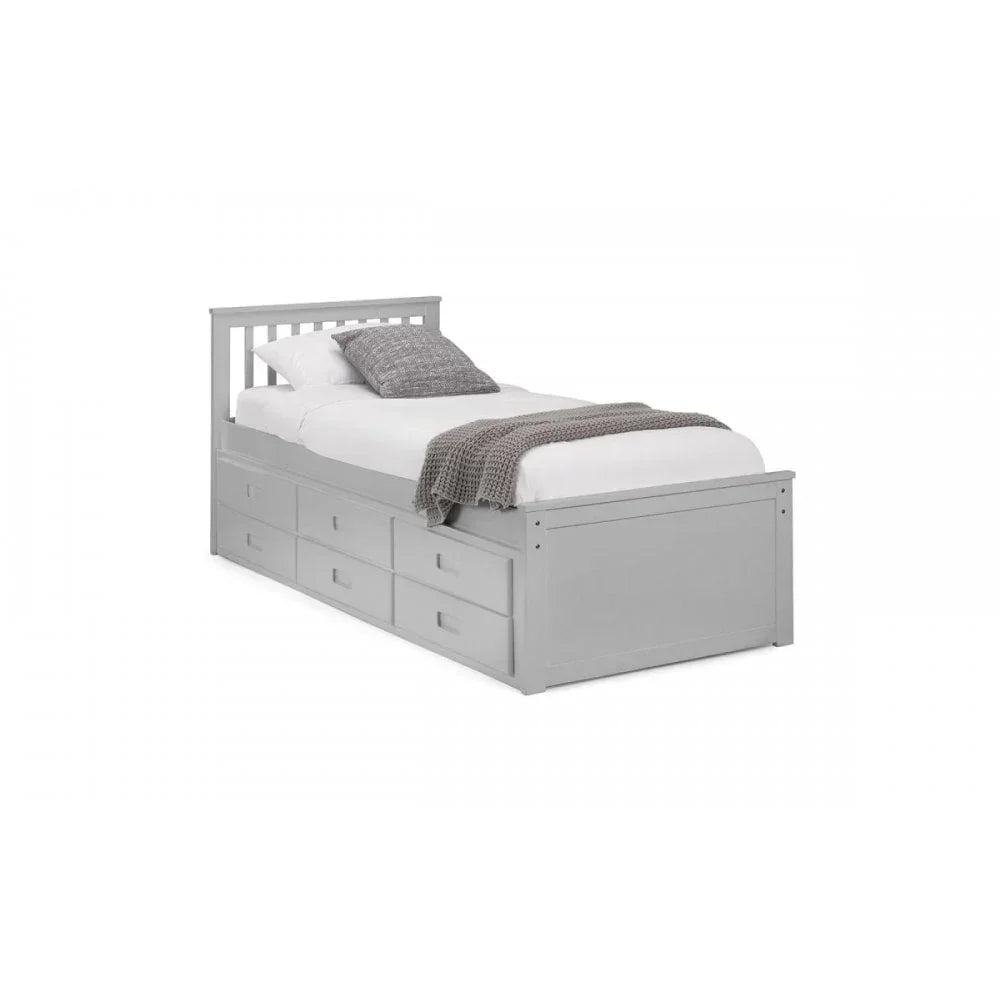 Grey single bed frame with storage drawers, slatted headboard, and bedding
