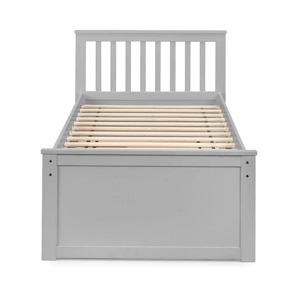 Grey wooden single bed frame with slatted base and vertical headboard bars, front view