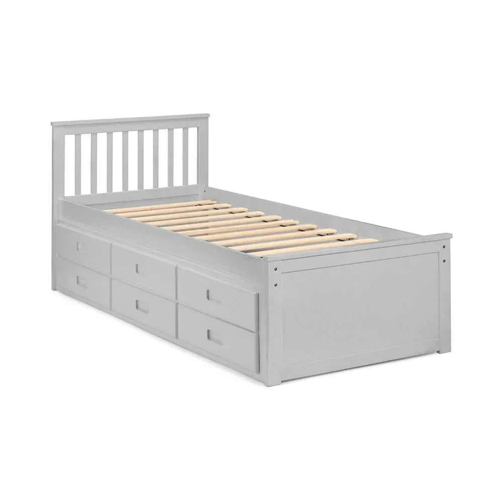 Grey wooden single bed frame with slatted headboard and six underbed storage drawers