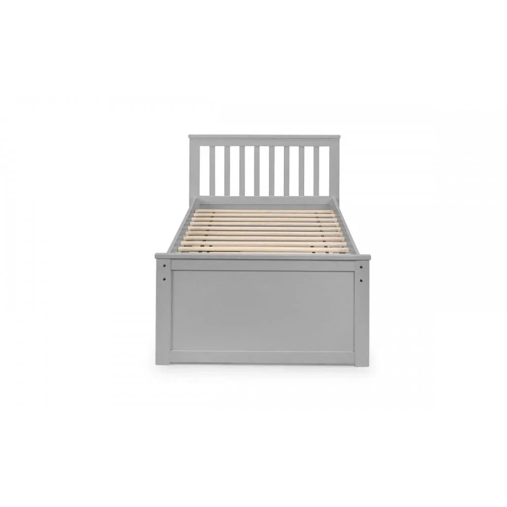 Grey wooden single bed frame with slatted headboard and base, front view