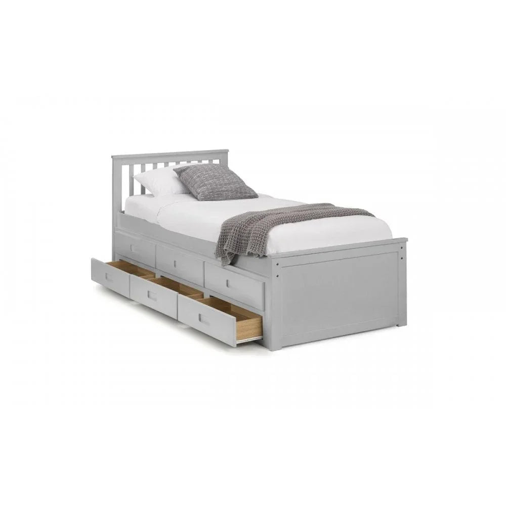 Grey single bed with headboard and three underbed storage drawers, bedding and throw included