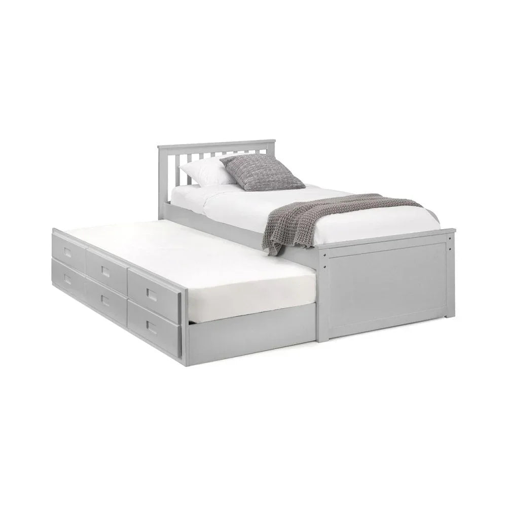 Grey wooden trundle bed frame with pull-out guest bed and six storage drawers