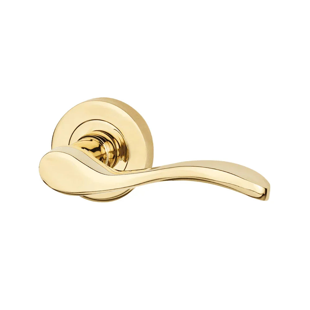 Polished brass door handle with curved lever and round backplate