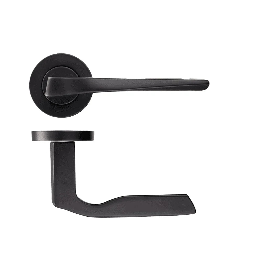 Matte black door handle set with round backplate, shown from side and top view
