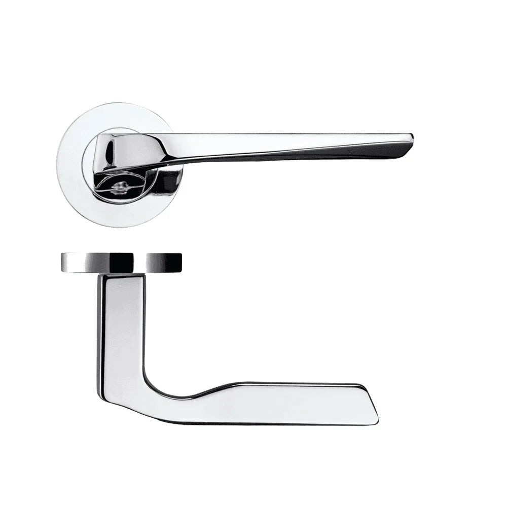 Chrome door handle set with round rose and sleek modern lever design