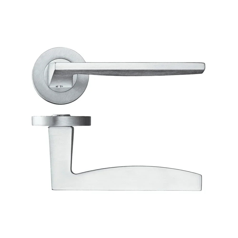 Brushed metal door handle set with modern rectangular lever and round rose