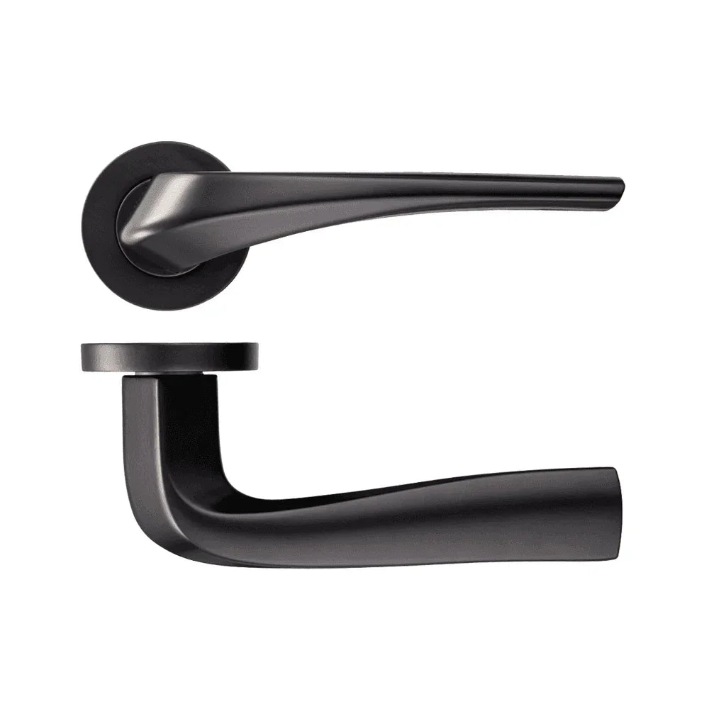 Matte black door handle set with modern round rose and sleek lever design, side and top view