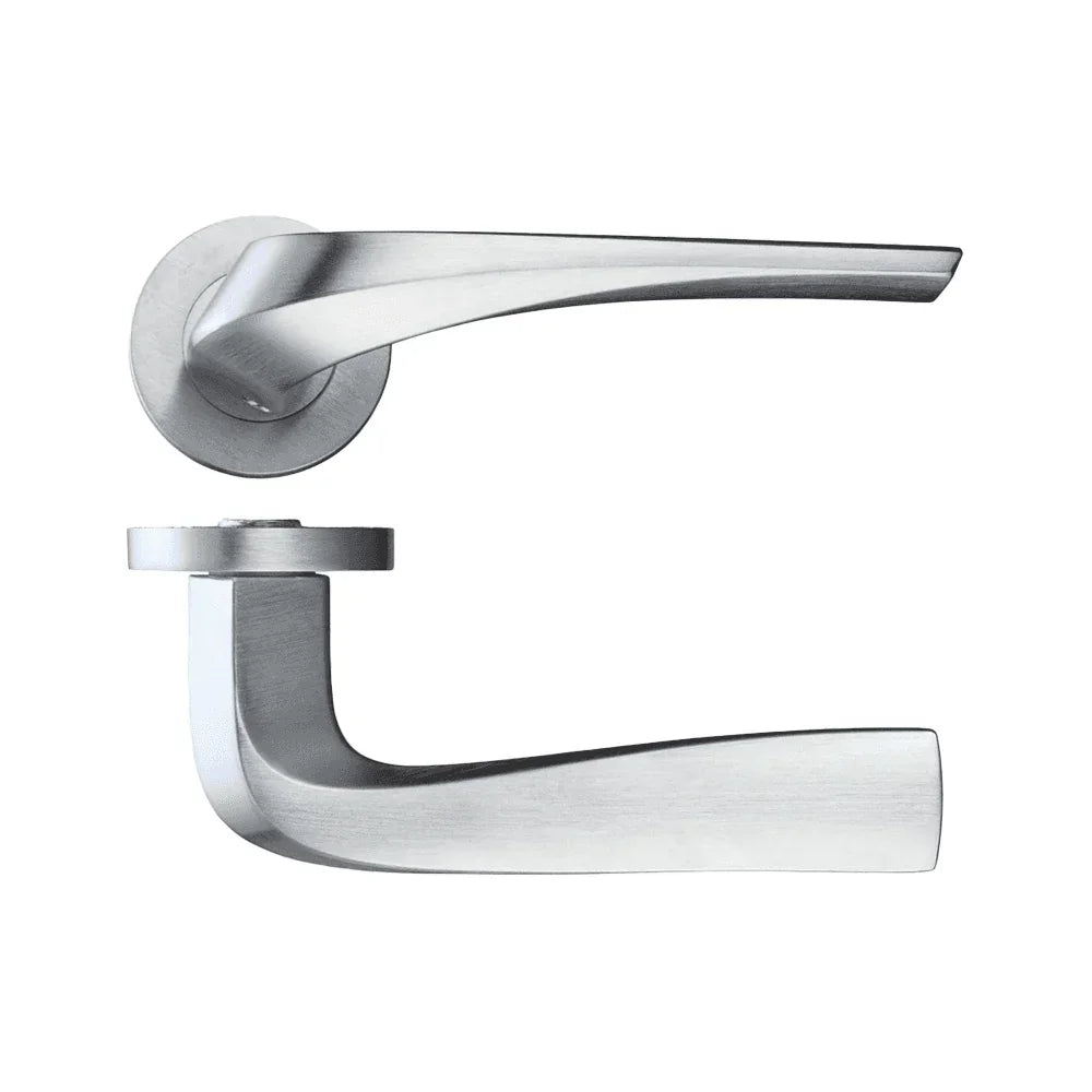 Brushed chrome door handle set with round rose, shown from side and top view