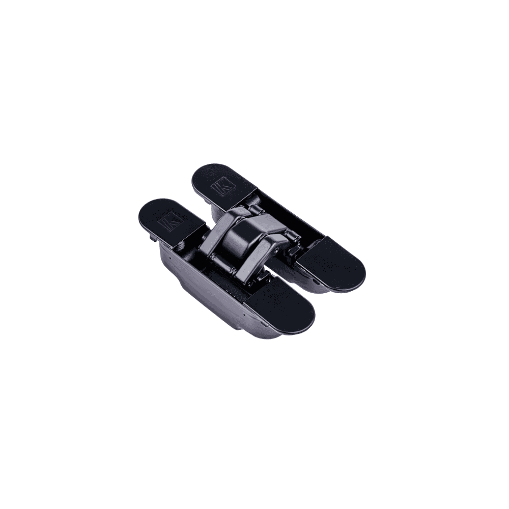 Black concealed furniture hinge with dual flaps and central pivot, shown from above