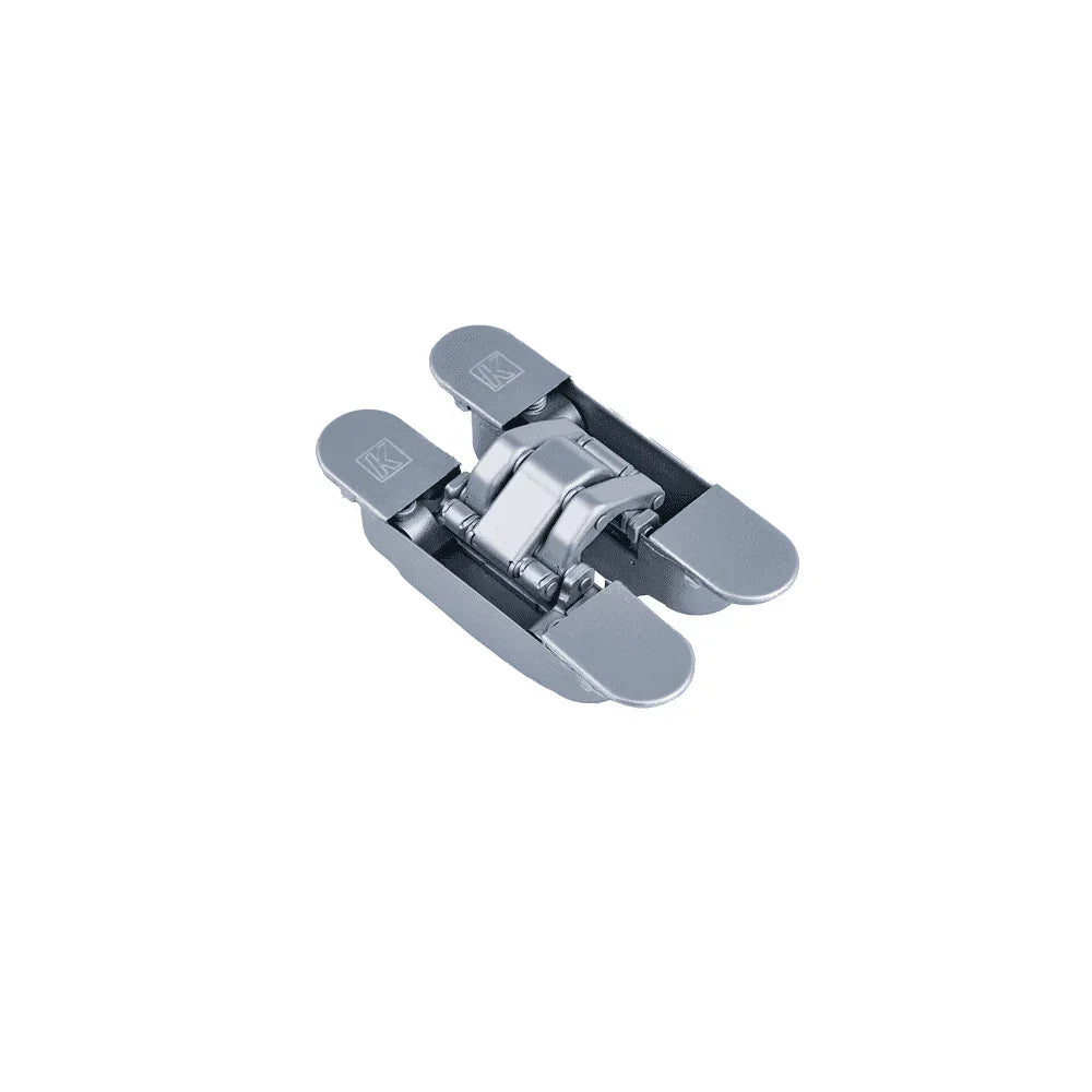 Silver concealed door hinge with adjustable mechanism, shown on white background