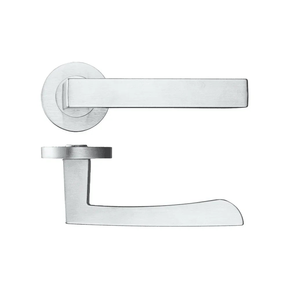 Brushed stainless steel door handle with round rose, shown from side and top views