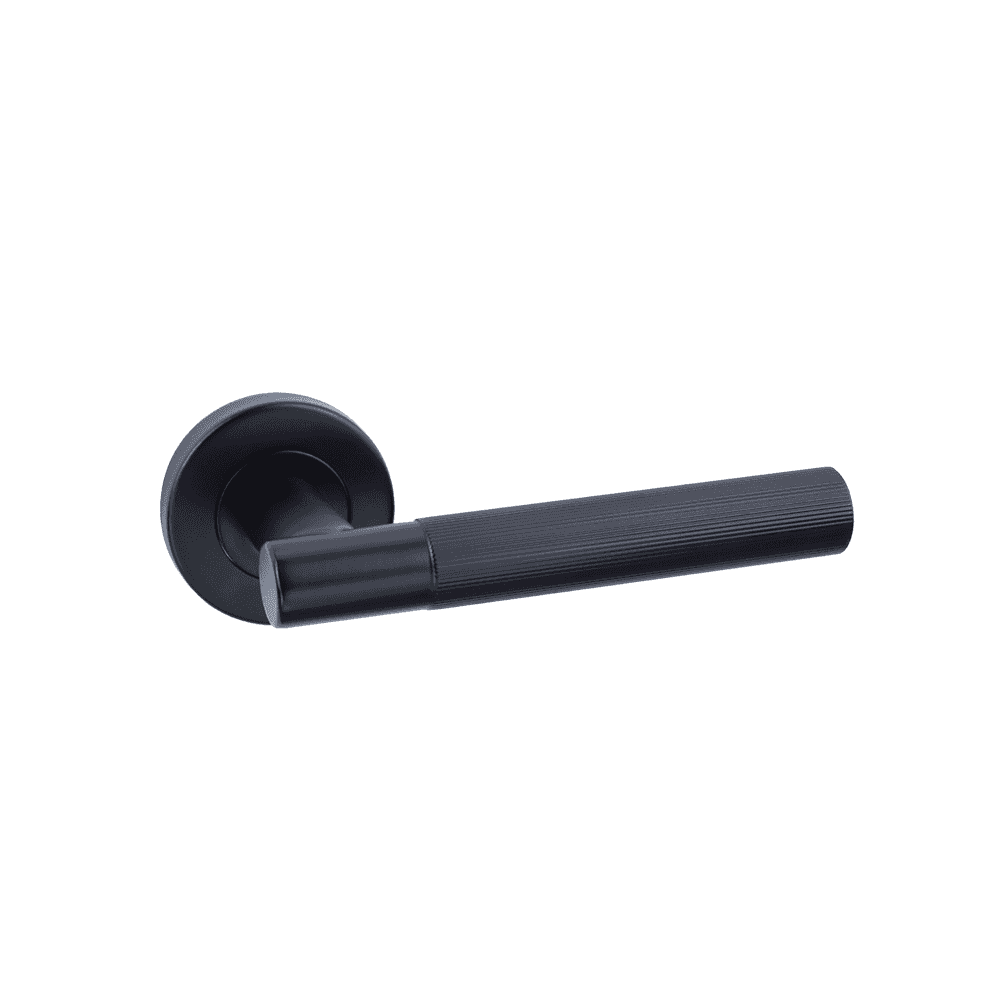 Matte black modern door handle with round backplate and textured grip