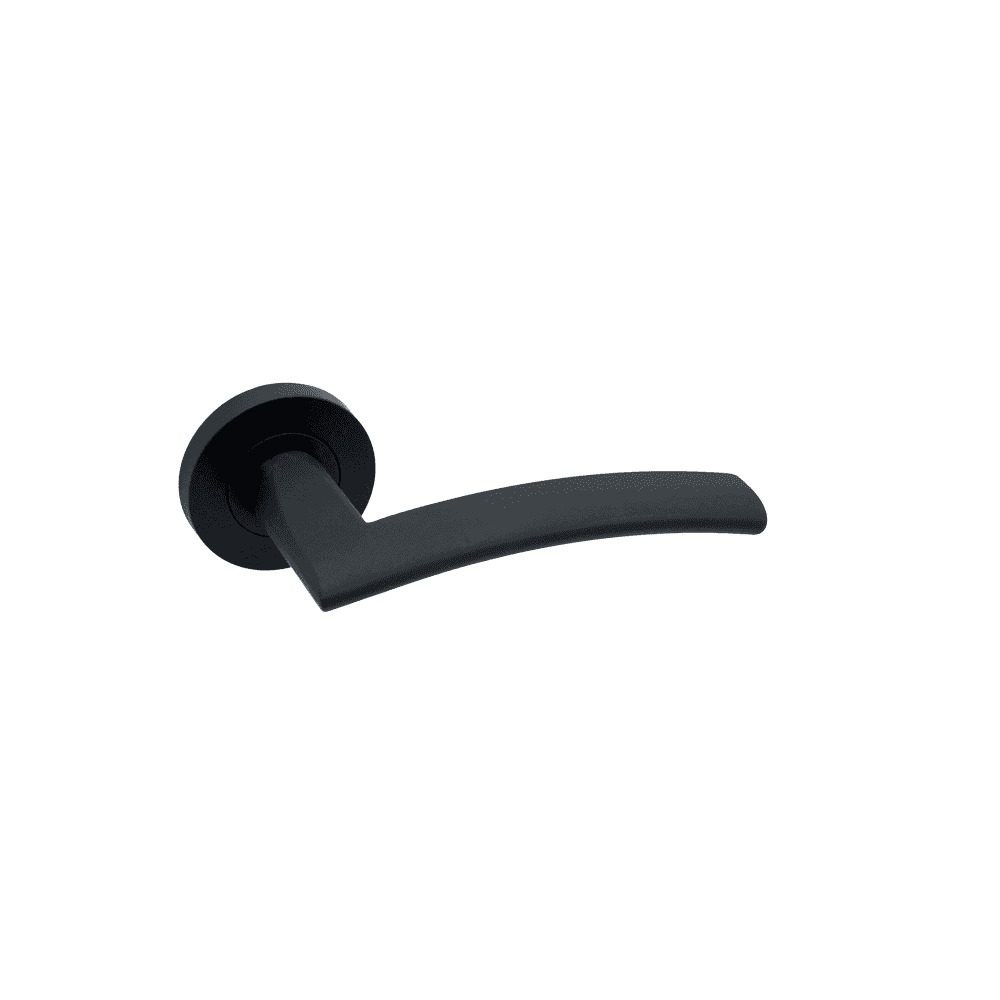 Matte black door handle with curved lever design on round rose