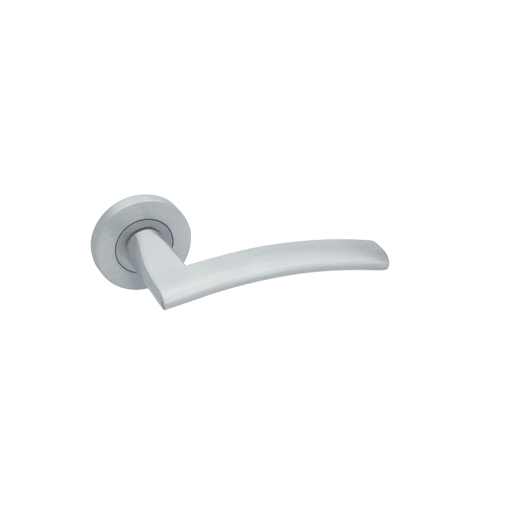 Brushed chrome door handle with curved lever and round base plate