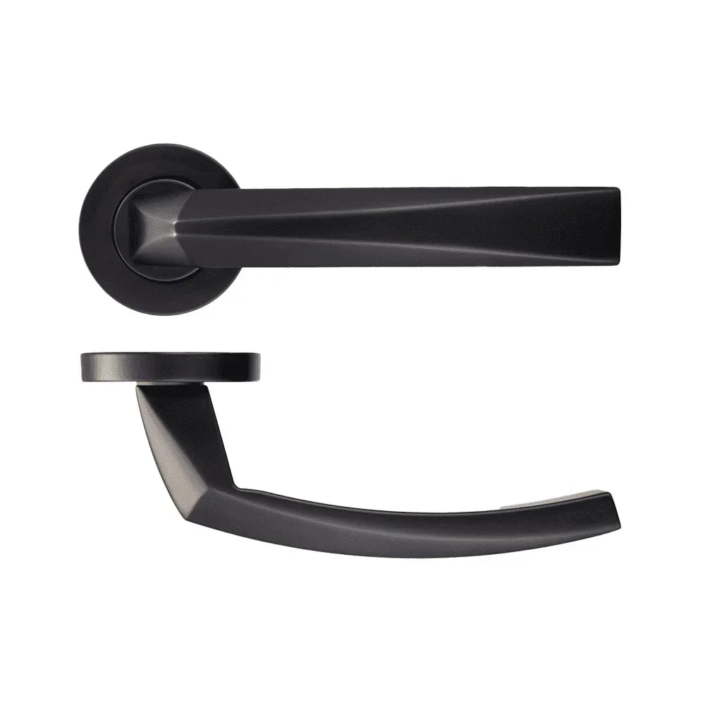 Modern black door handle set with round backplate, side and front view