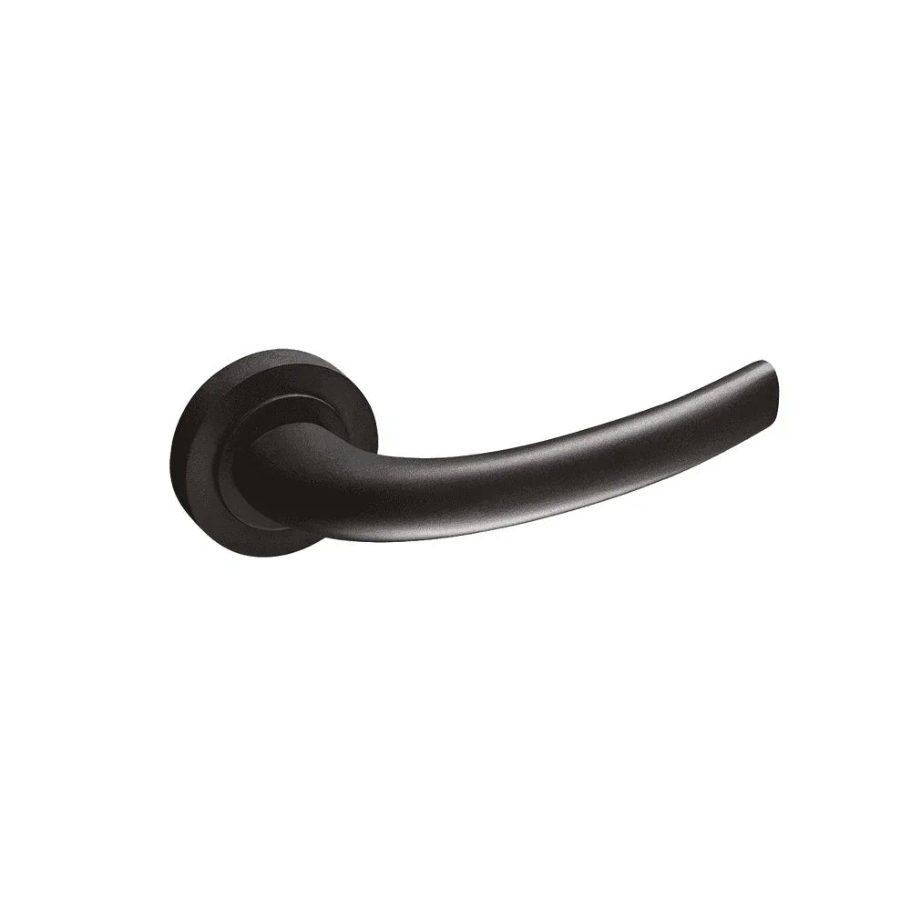 Matte black door handle with round base, modern curved lever design