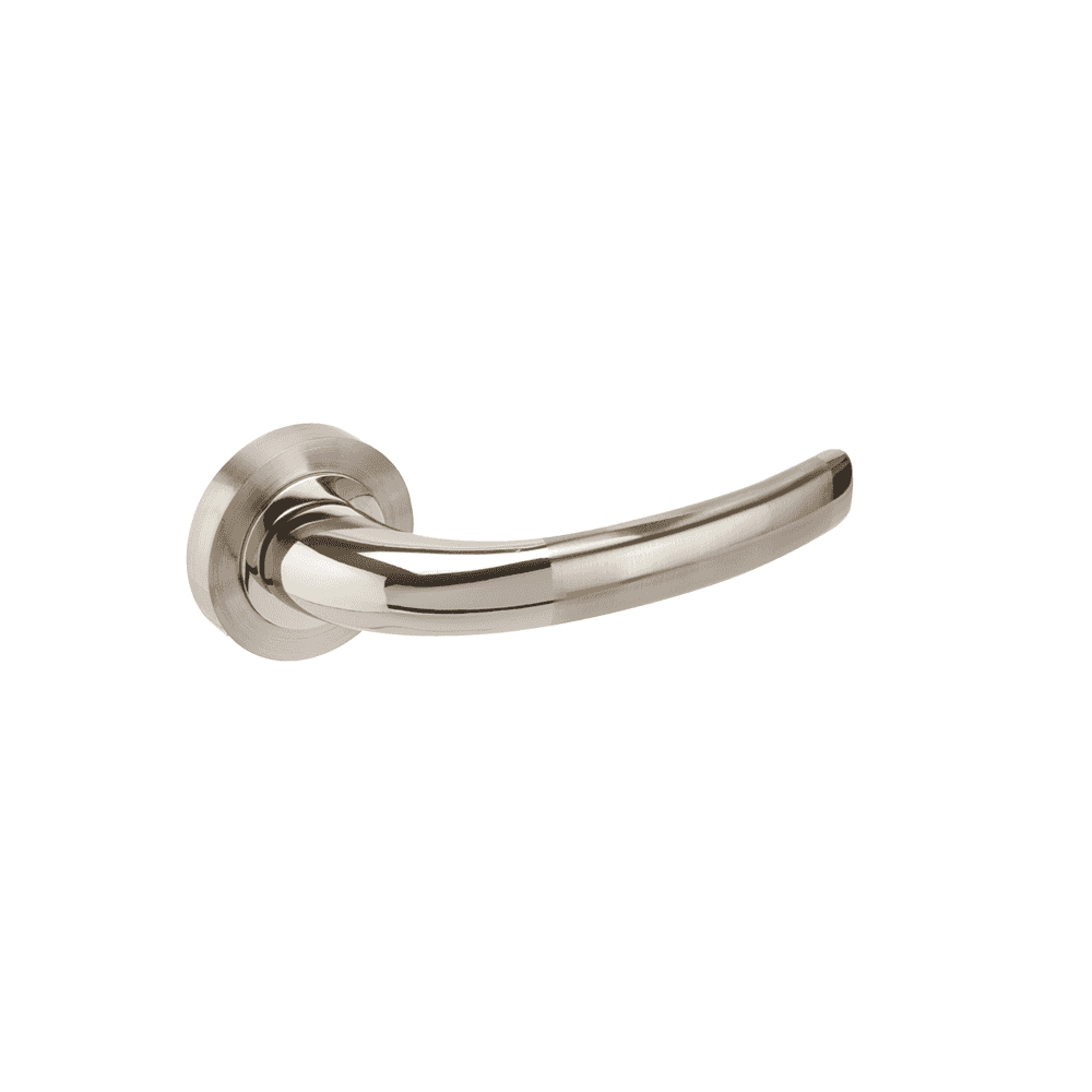 Curved satin nickel door handle on round rose backplate