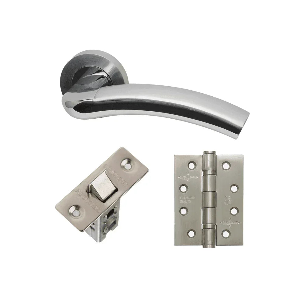 Stainless steel door handle set with matching latch and hinge hardware