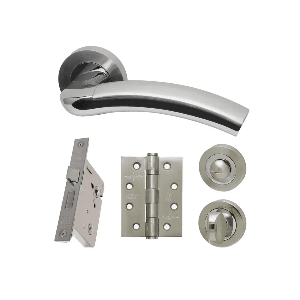 Brushed chrome door handle set with latch, hinge, and thumbturn lock components