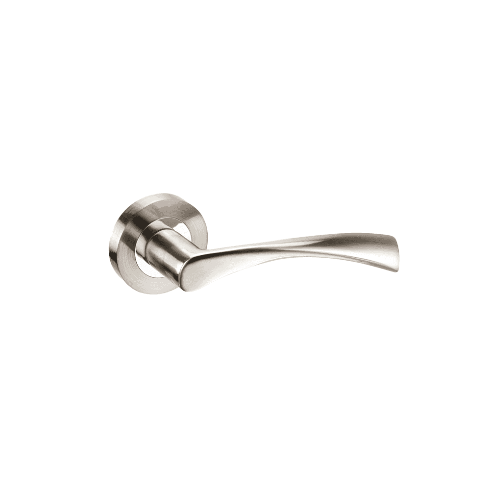 Brushed nickel door handle with curved lever design and round rose fitting