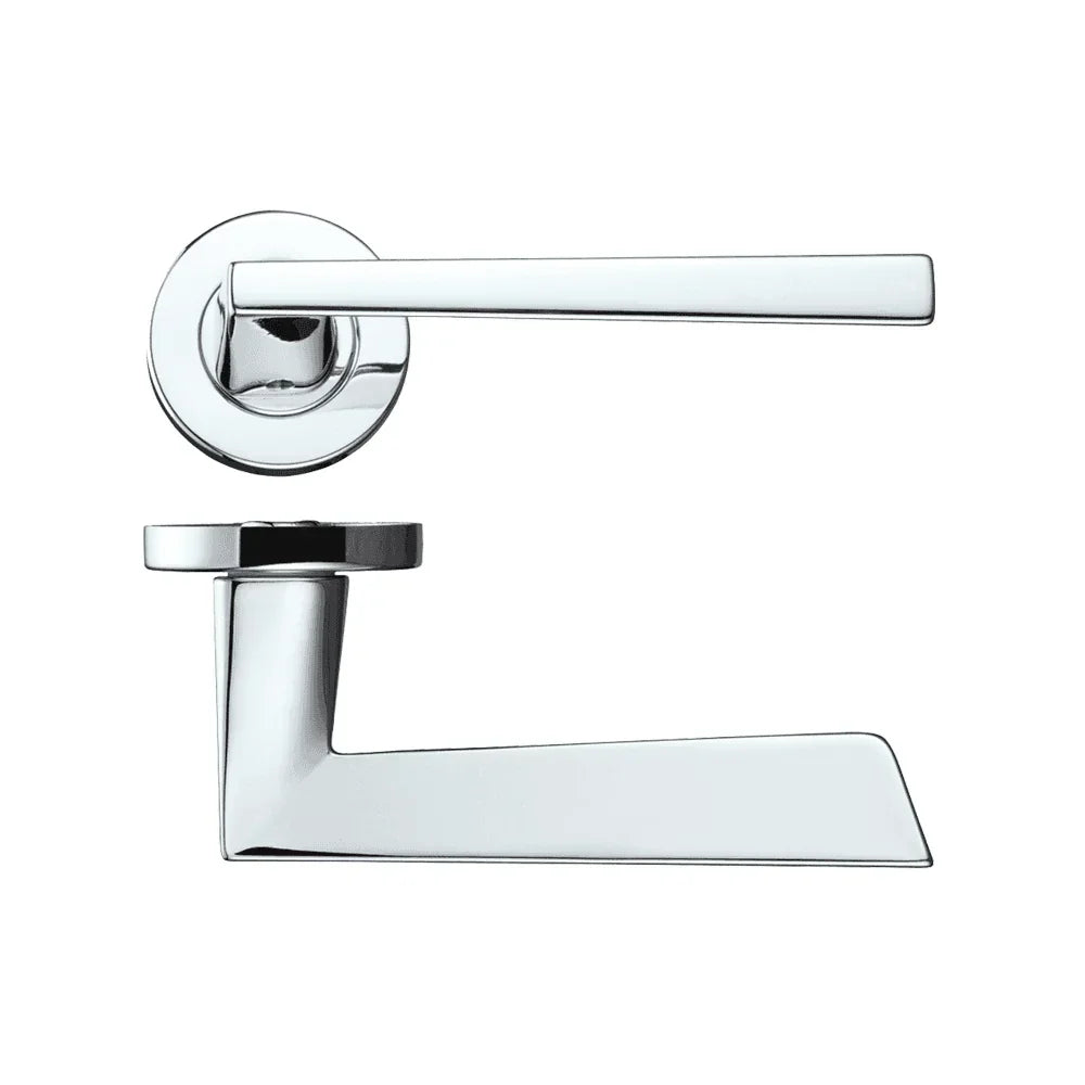 Chrome door handle set with square lever and round rose, modern minimalist design