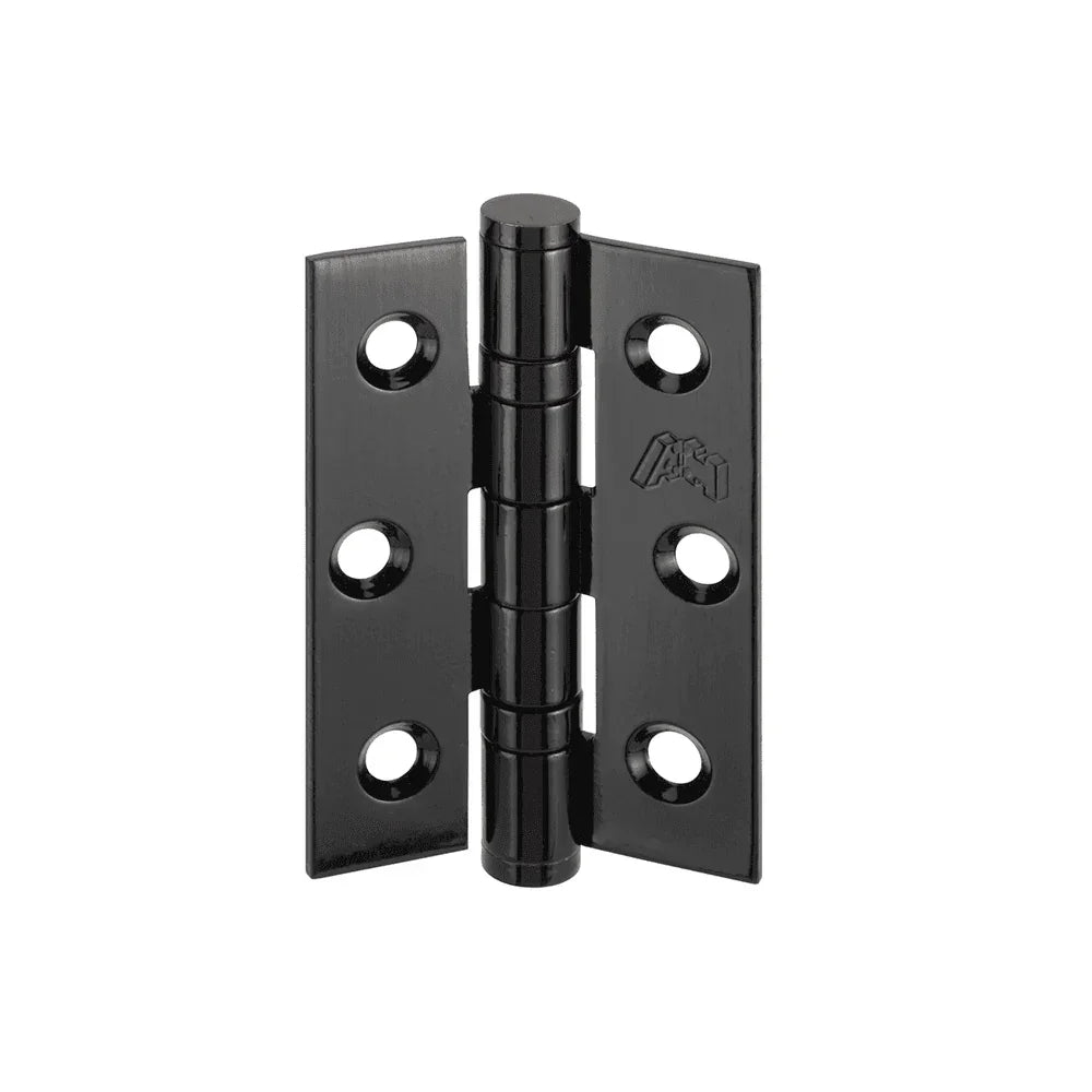 Black steel door hinge with six screw holes and smooth finish, front view