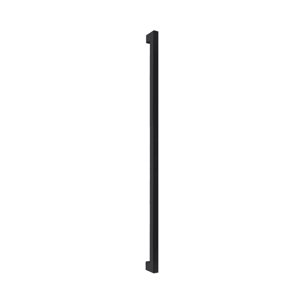 Black metal cabinet handle with square ends viewed from the side