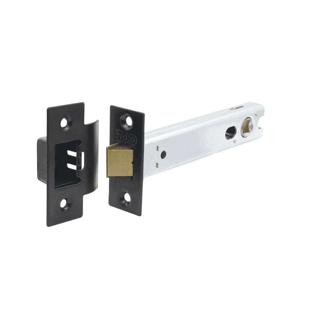black mortice latch lock with rectangular bolt and strike plate on white background
