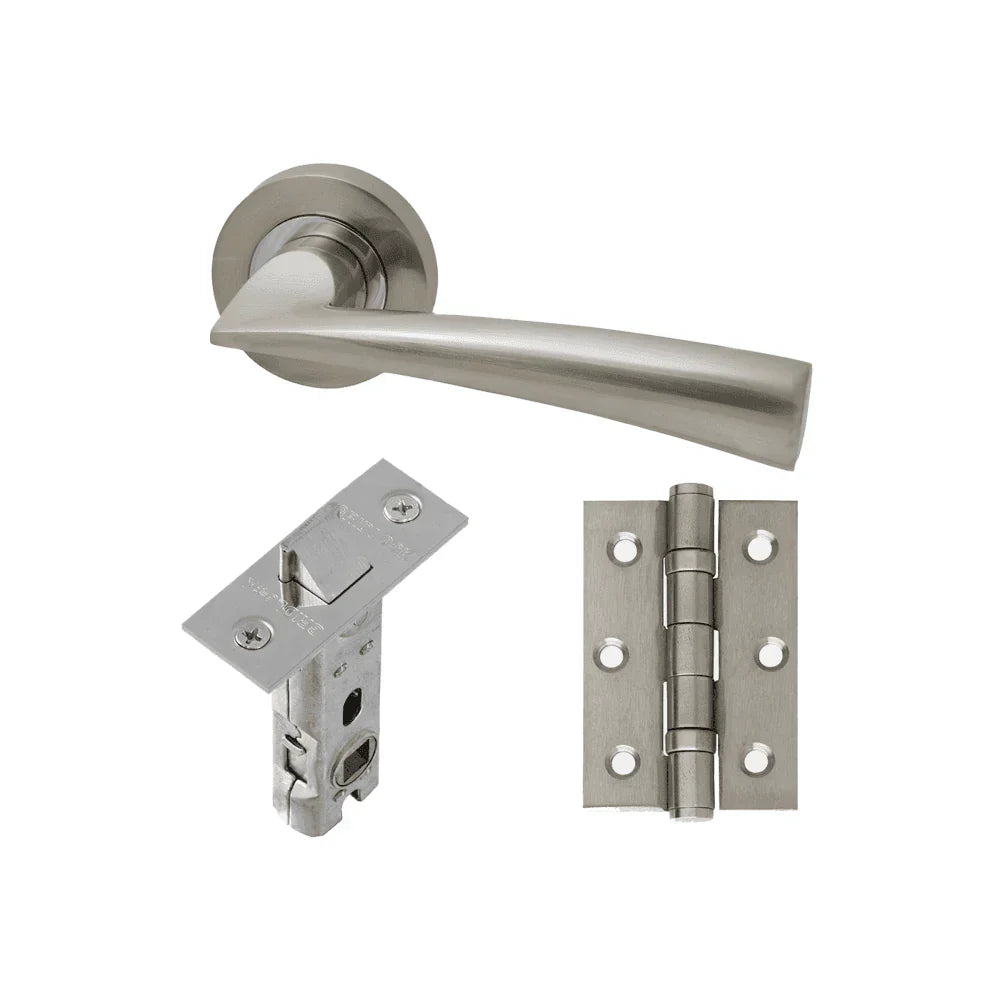 Brushed steel door handle set with hinge and latch hardware included