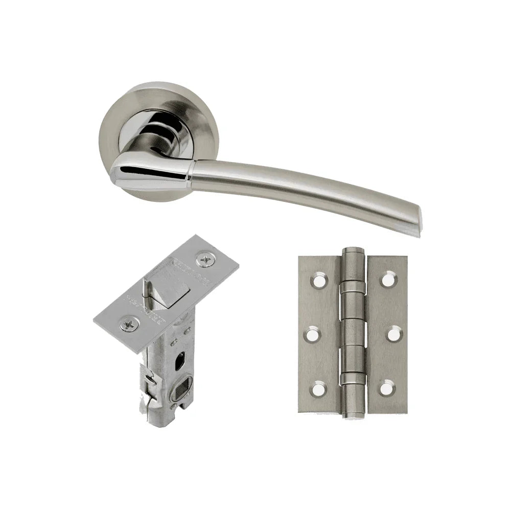 Satin nickel door handle set with lever, latch, and hinge hardware included