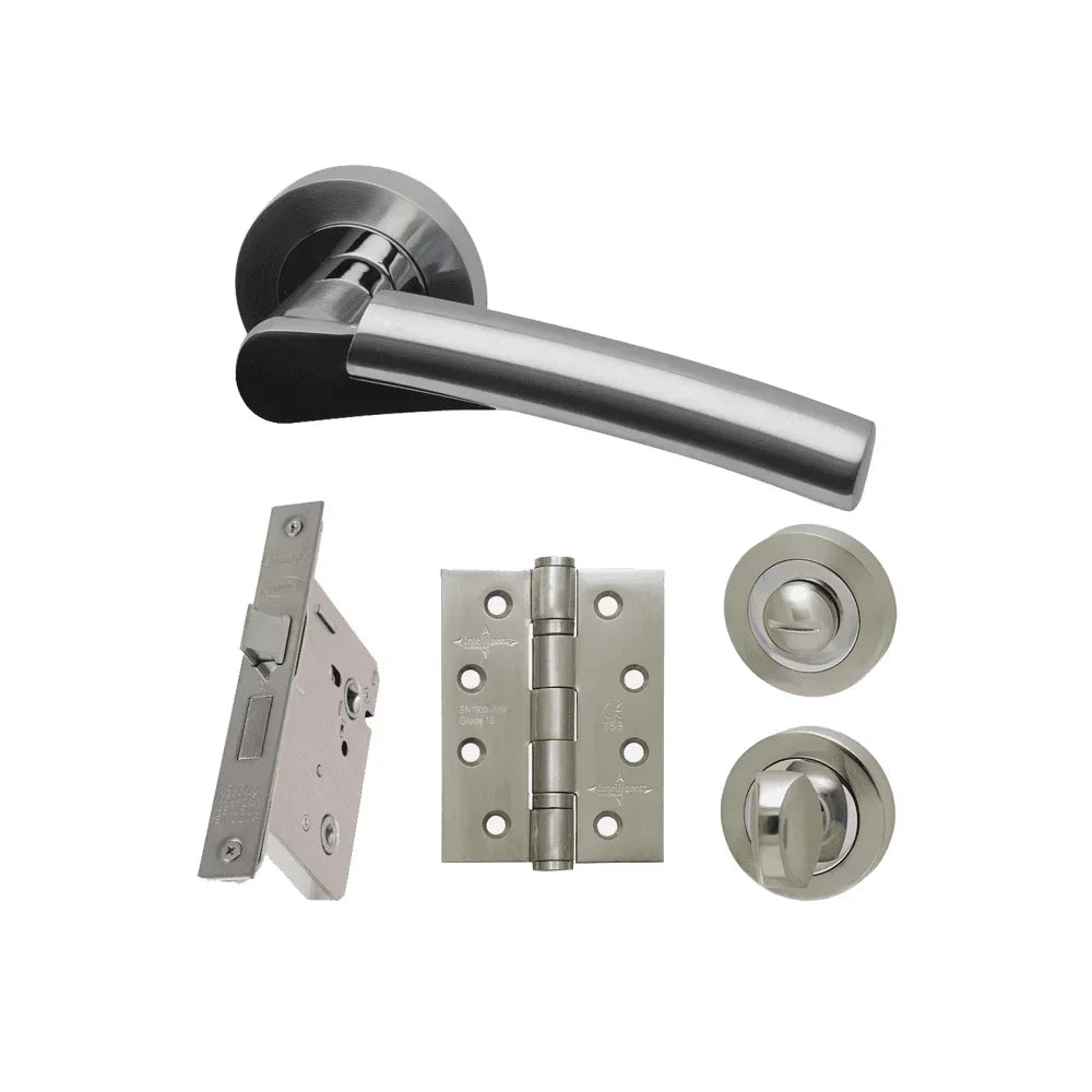 Satin nickel door handle set with lock, hinge, thumb turn, and escutcheon
