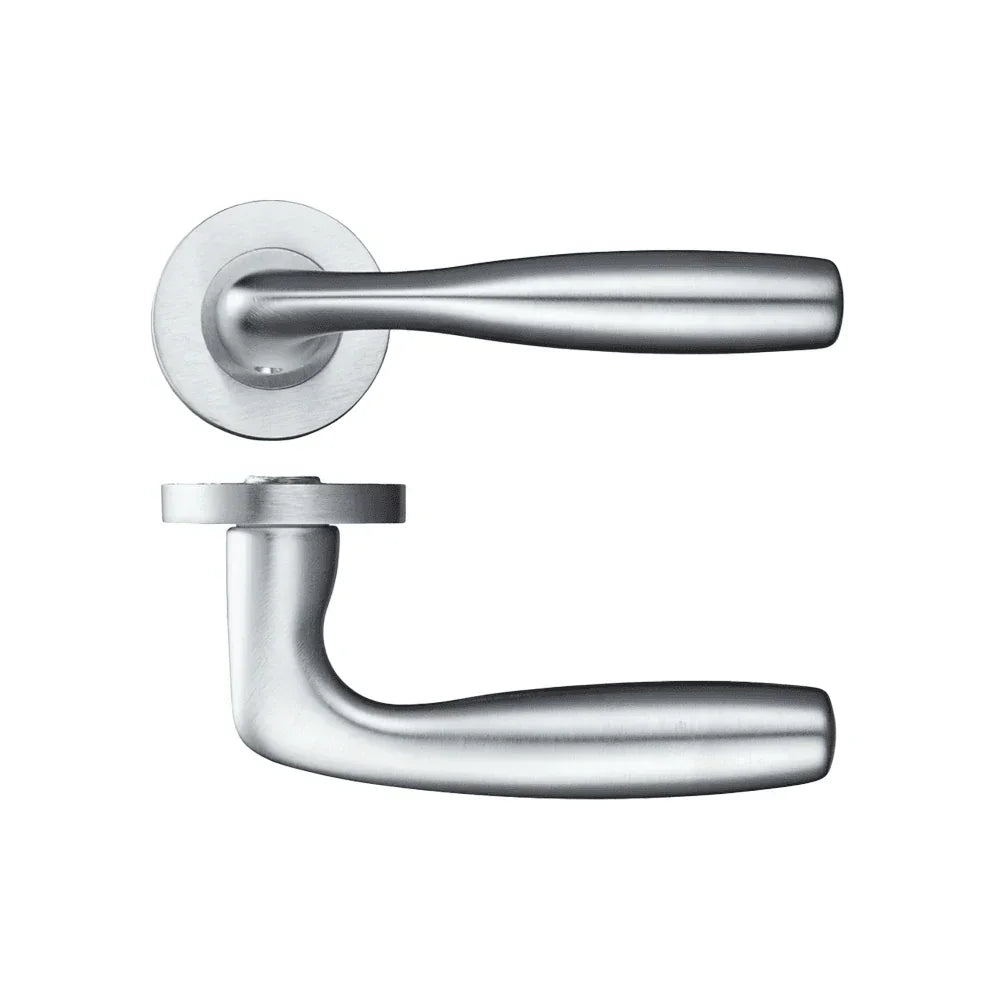 Brushed steel door handle set with round backplate, side and top views shown
