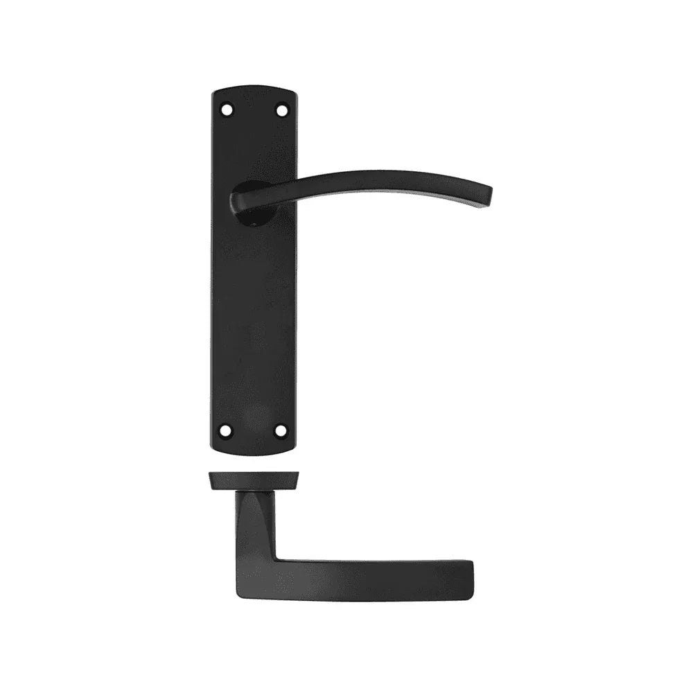 Matte black door handle set with rectangular backplate and curved lever