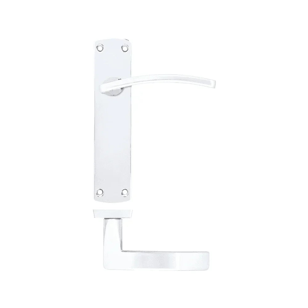 Modern chrome door handle on rectangular backplate with four screw holes
