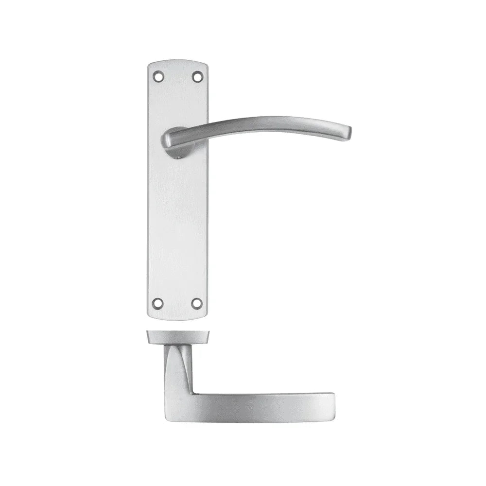 Satin silver door handle set with rectangular backplate and lever design