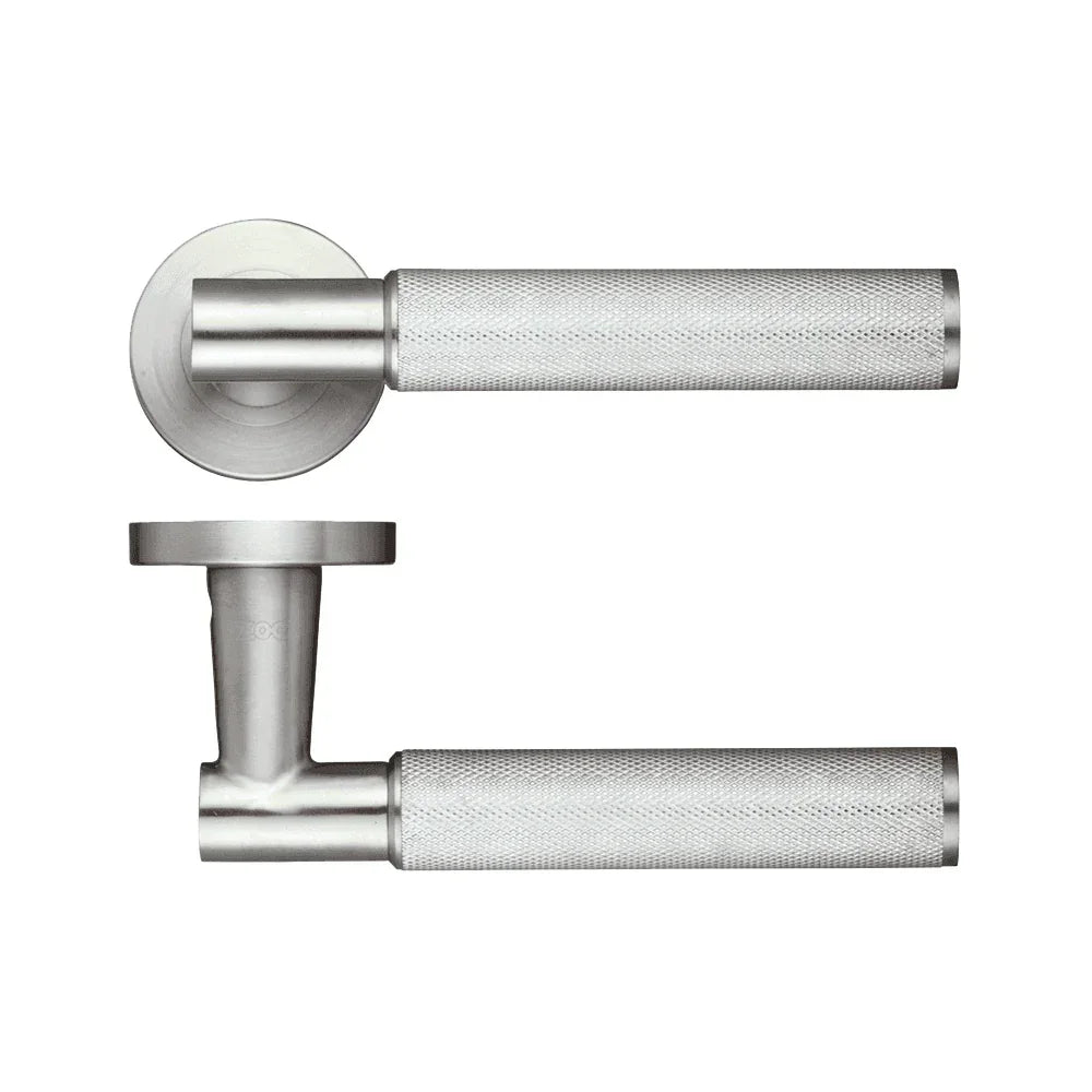 Brushed steel knurled door handle set with textured grip, shown from side and top view
