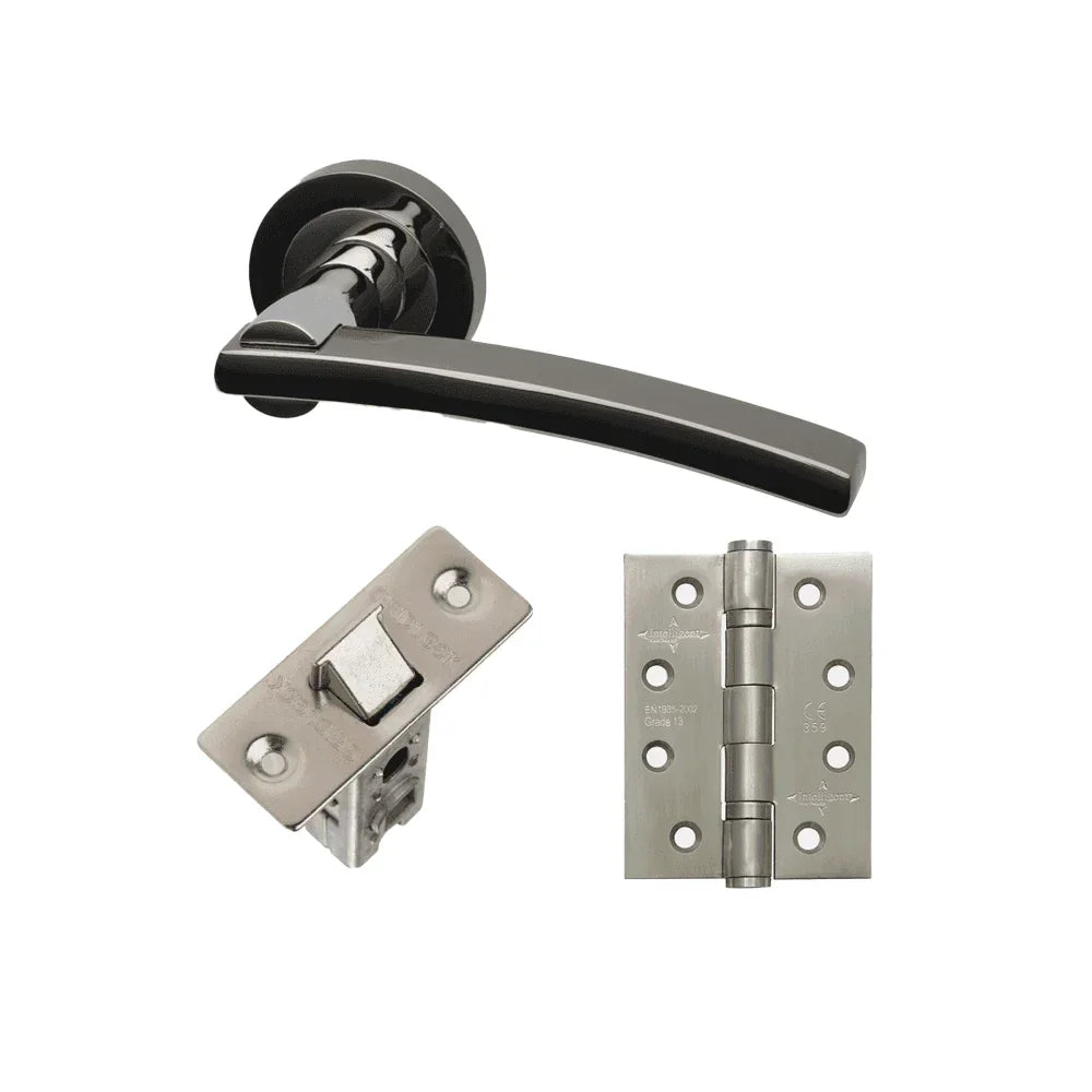 Black door handle set with chrome hinge and latch on white background