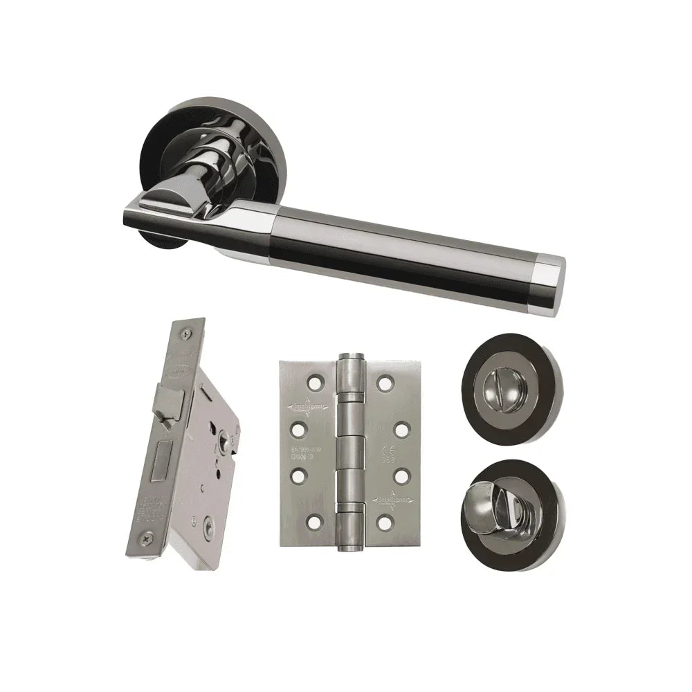 Polished chrome door handle set with latch, hinge, and thumb turn lock components