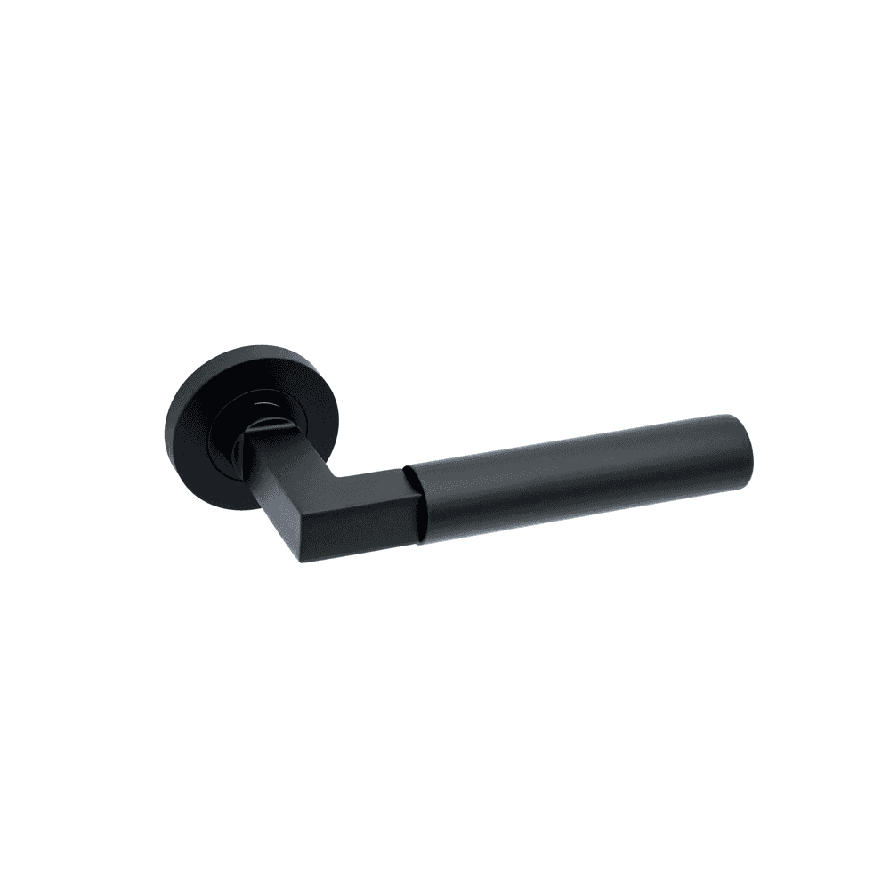 Matte black door handle with modern round rose and straight lever design