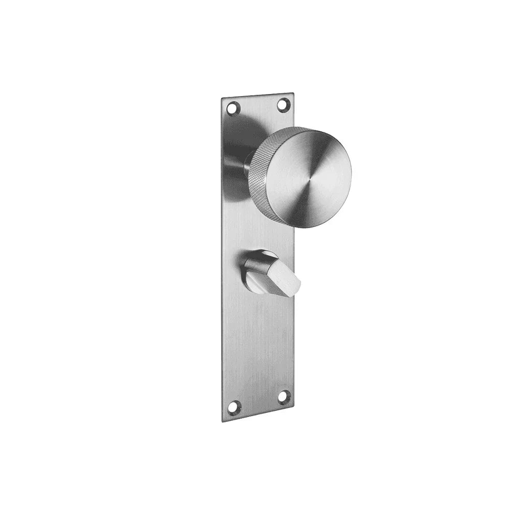 Brushed steel door knob with rectangular backplate and thumbturn lock