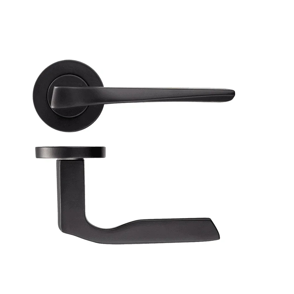 Matte black door handle set with round rose, side and top views shown