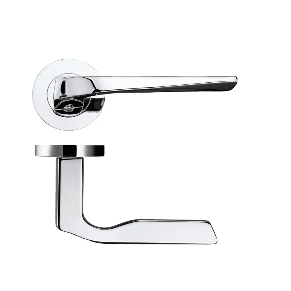 Modern chrome door handle set with round backplate, side and front view