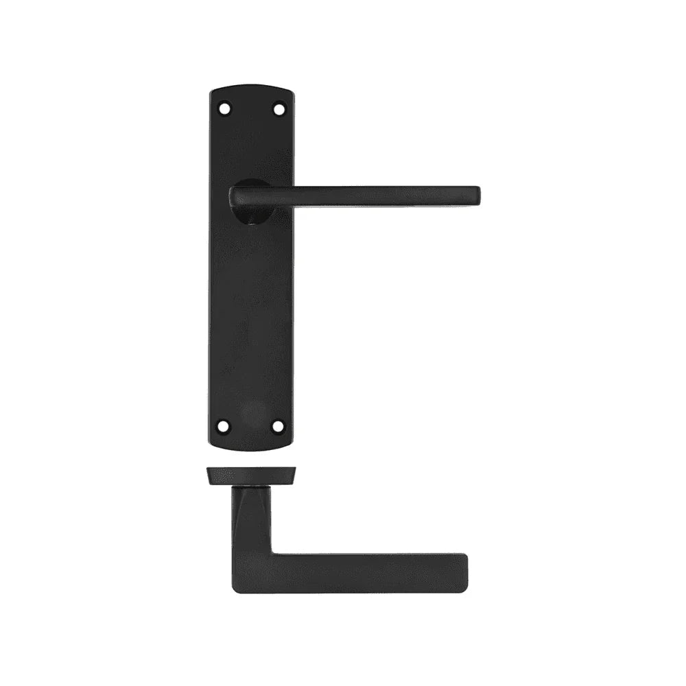 Matte black door handle set with backplate and modern straight lever design