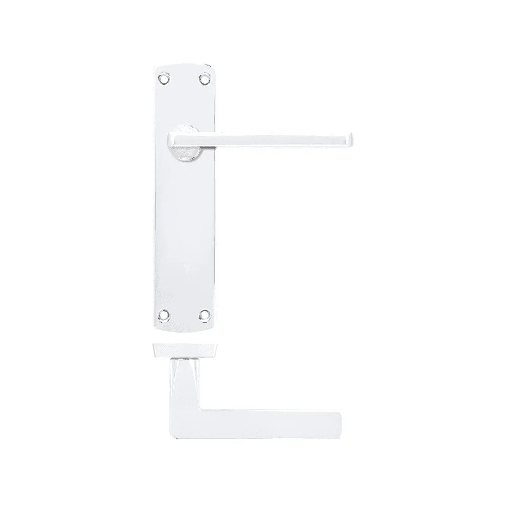 White metal door handle with rectangular backplate and modern lever design