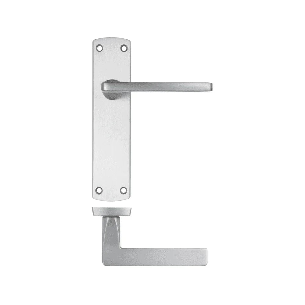 Silver door handle set with rectangular backplate and four visible screw holes