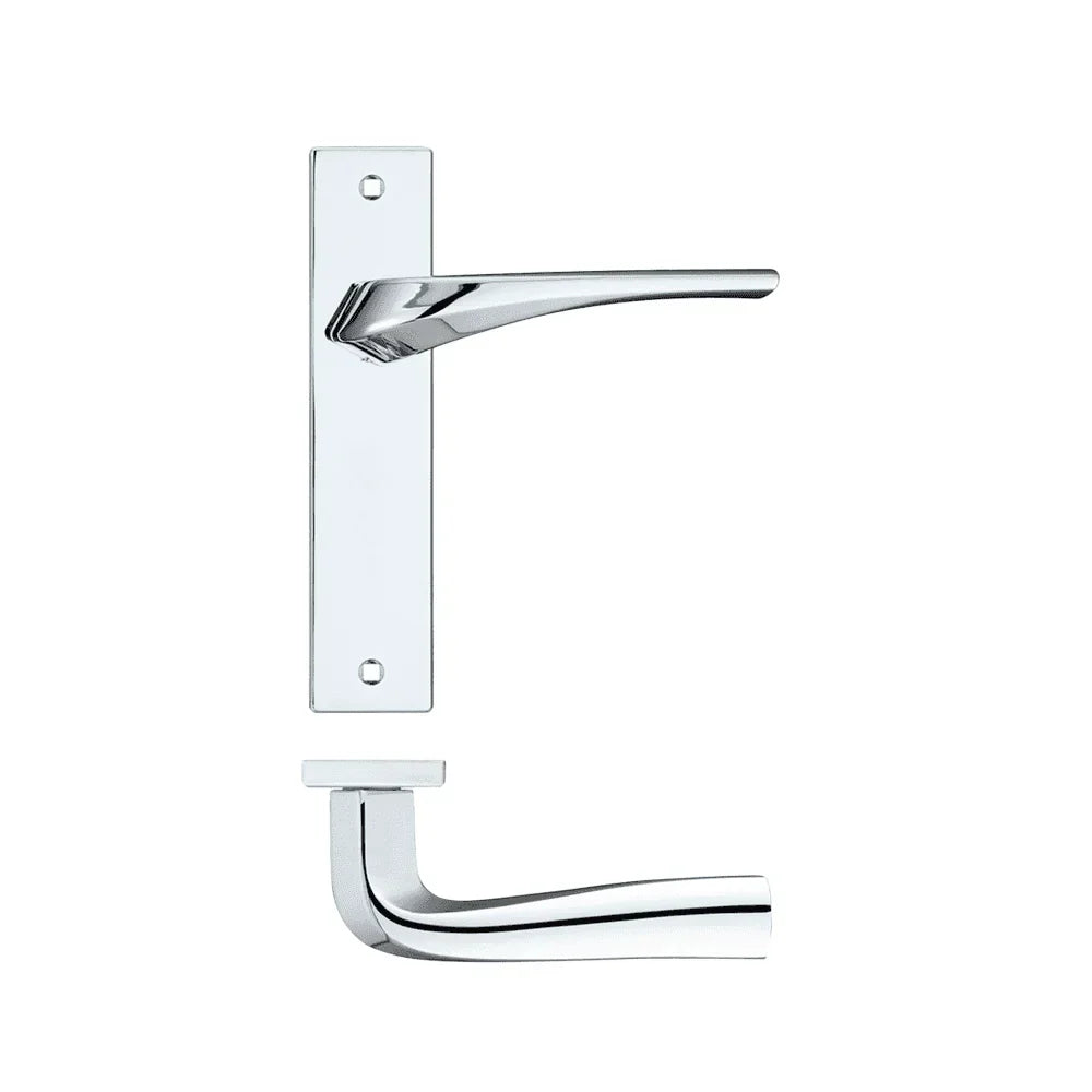Chrome door handle set with rectangular backplate and sleek modern lever design