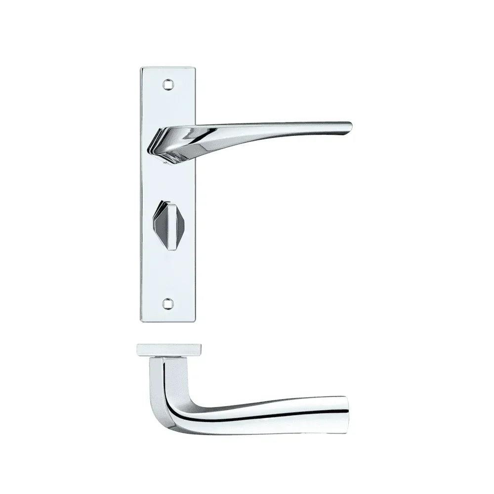 Polished chrome door handle set with rectangular backplate and modern lever design