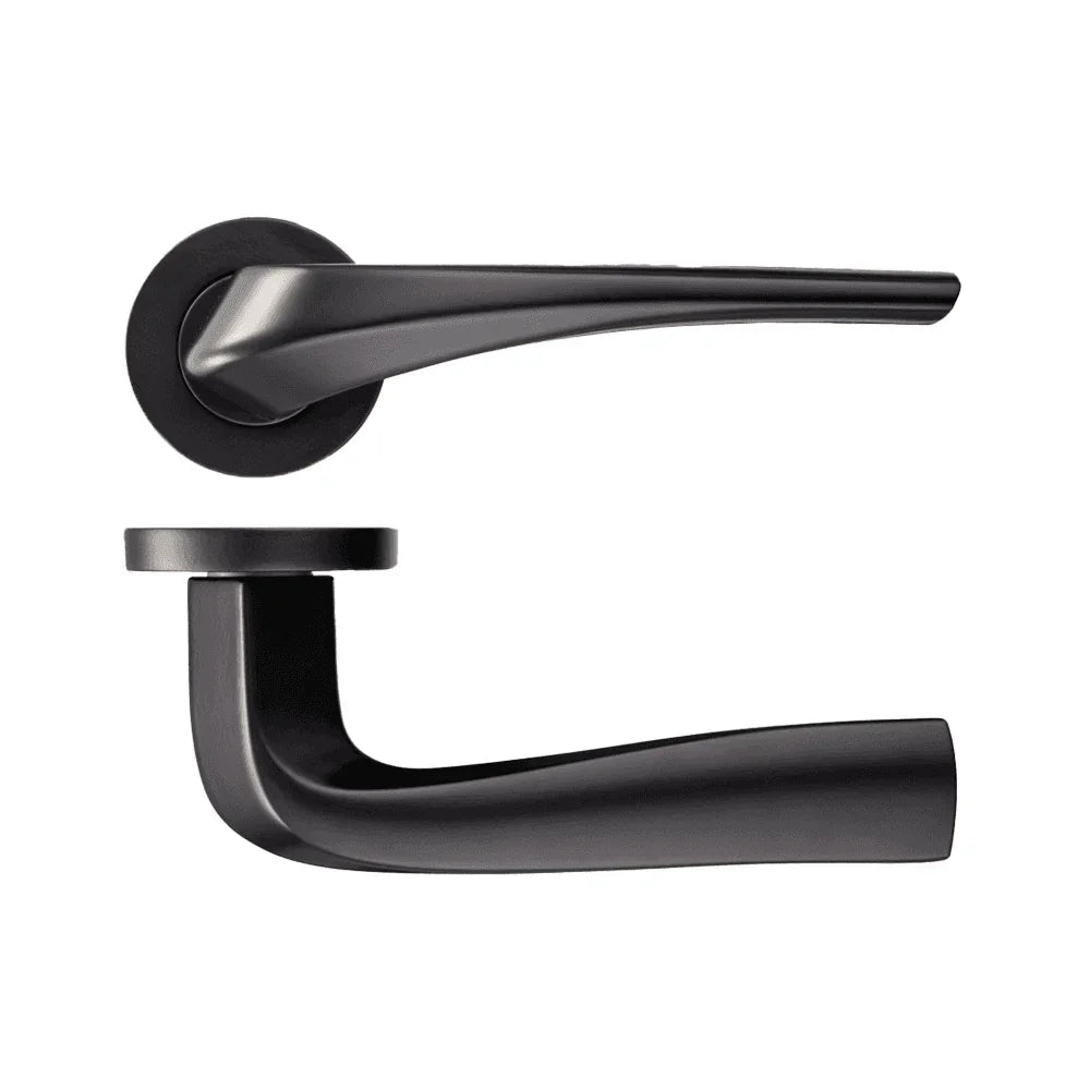 Matte black door handle with modern lever design, side and overhead view