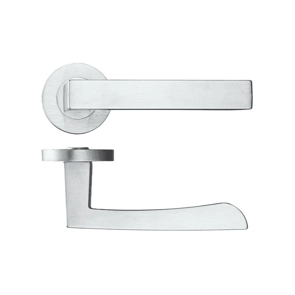 Brushed steel door handle with round rose, shown from side and top view